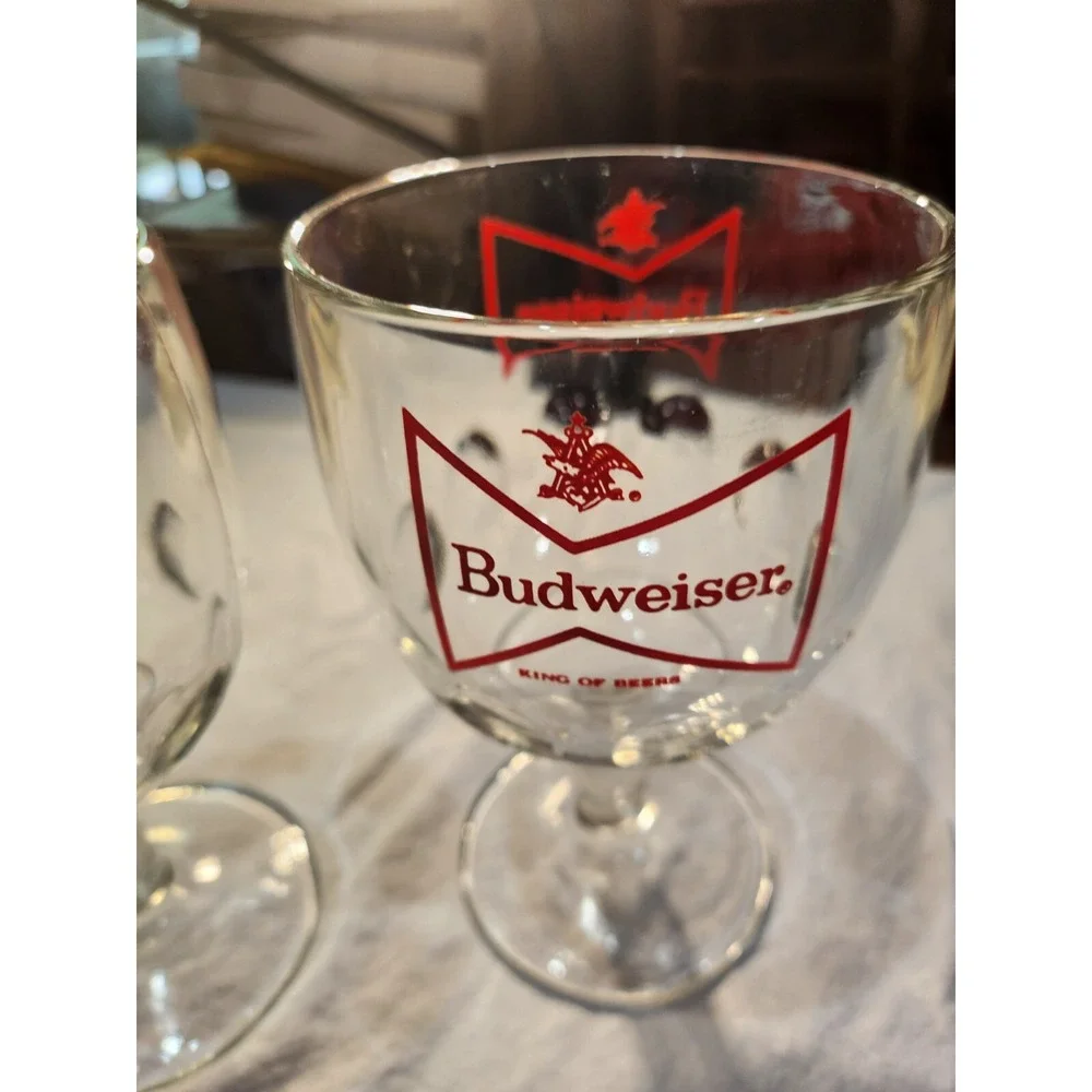 (3) Vintage Budweiser King Of Beers Bowtie Thumbprint Goblet 5.5 Inch Short Stem